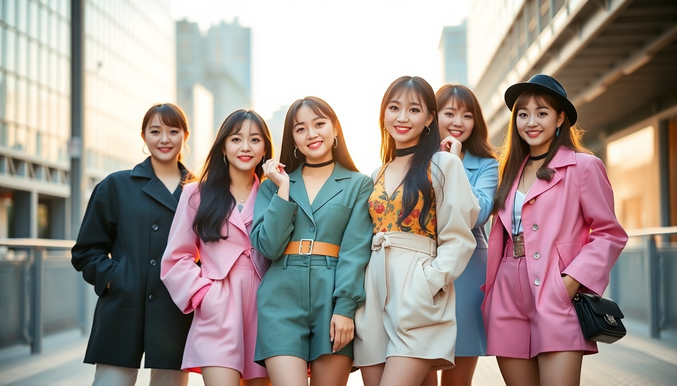 blackpink members posing together in stylish outfits in an outdoor setting