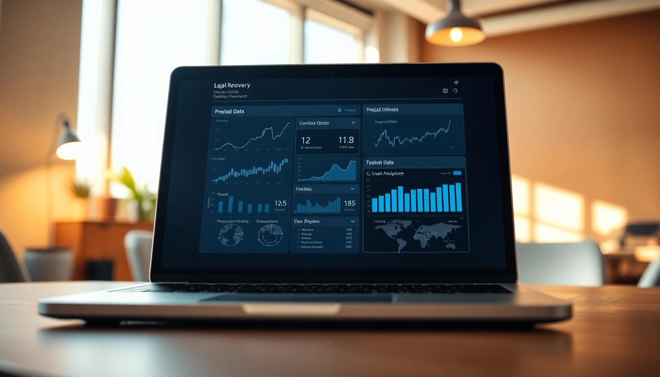 Visual representation of a Legal Debt Recovery Platform interface showcasing data analytics in a bright office.