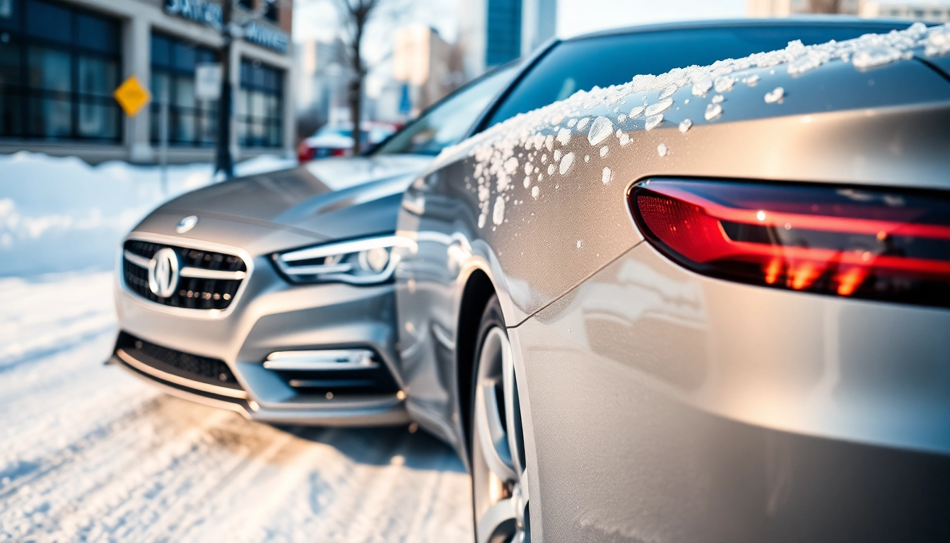 Showcase of PPF winter road salt protection on a glossy vehicle in a snowy urban landscape.