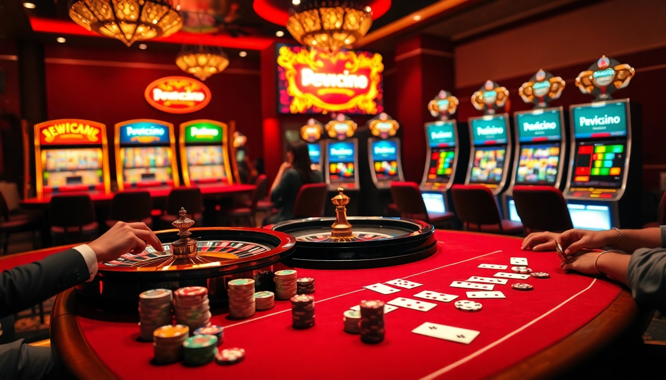 Dewacasino link alternatif highlighted at a luxurious casino table with poker chips and vibrant slot machine screens.