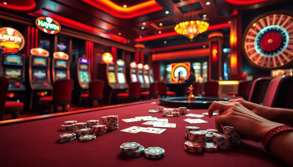 Experience the vibrant excitement of gambling at Haywin with poker chips and slot machines.
