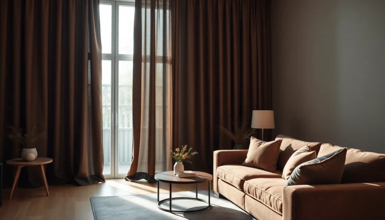 Verduisterende gordijnen creëren een gezellige sfeer in een lichte woonkamer met warme aardetinten.