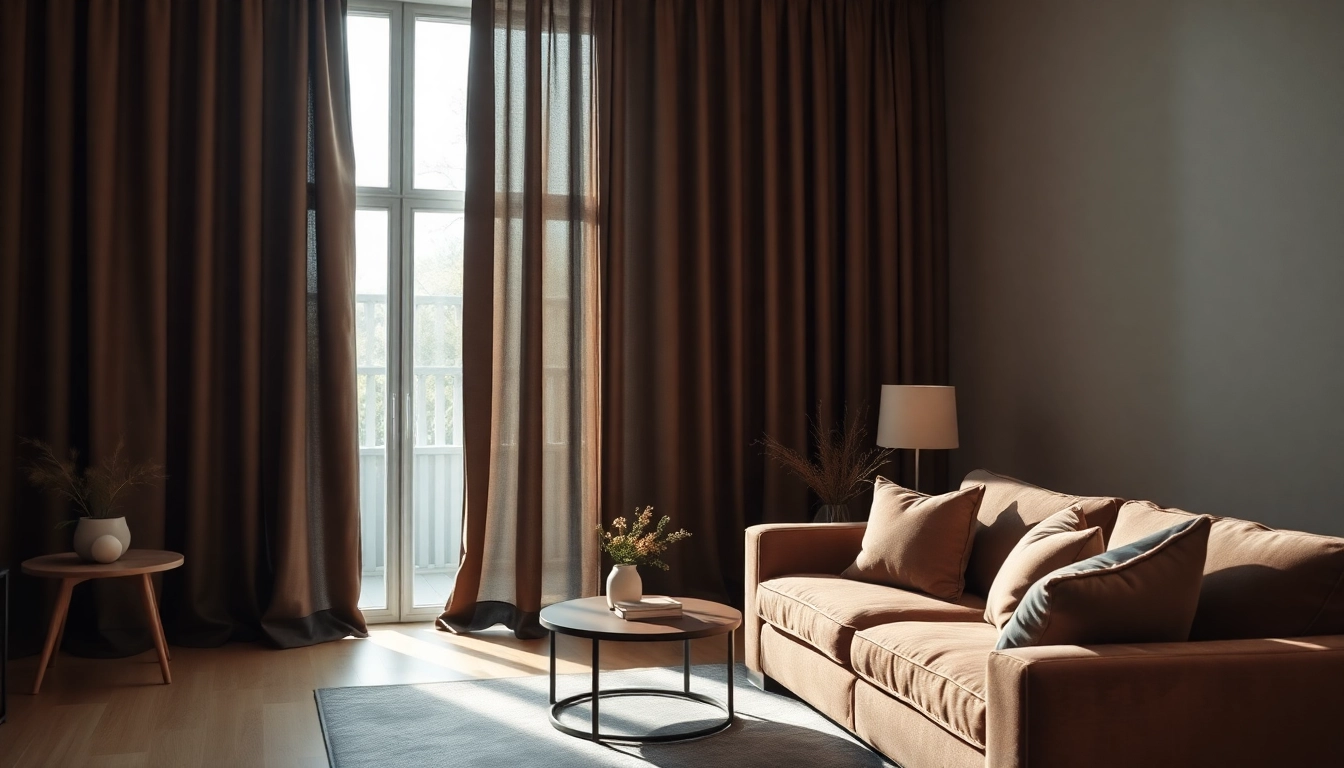 Verduisterende gordijnen creëren een gezellige sfeer in een lichte woonkamer met warme aardetinten.
