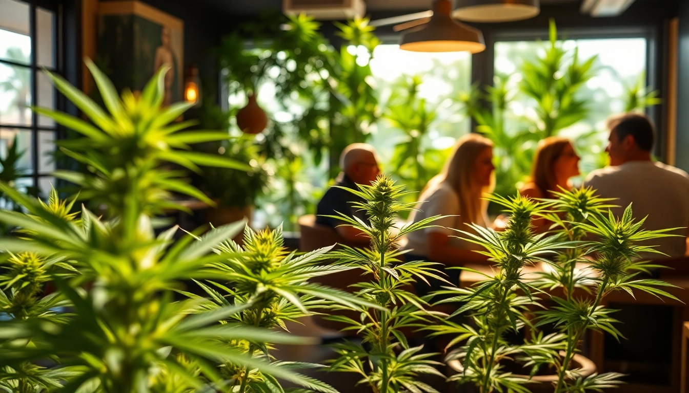 Cannabis Club Lloret De Mar patrons enjoying a vibrant lounge atmosphere with greenery.