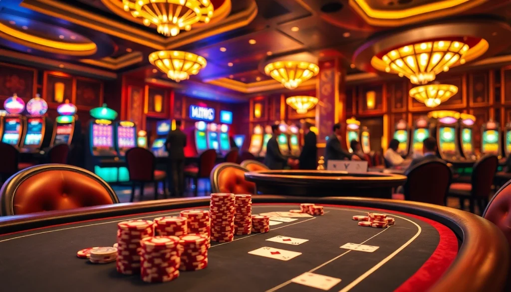 MMOO-themed high-stakes poker game with vibrant casino elements and glamorous decor.