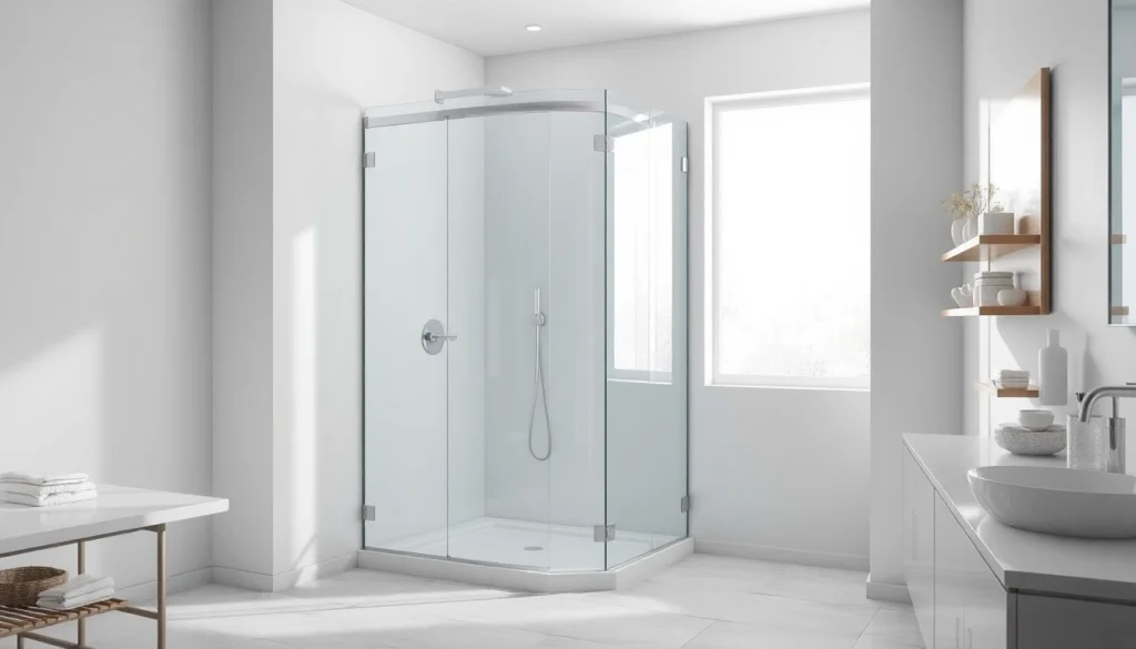 Upgrade your space with a stylish corner shower enclosure featuring sleek glass and modern design.