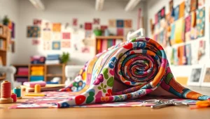 Bekijk tricot jersey bedrukt stoffen met kleurrijke patronen en accessoires in een creatieve werkomgeving.