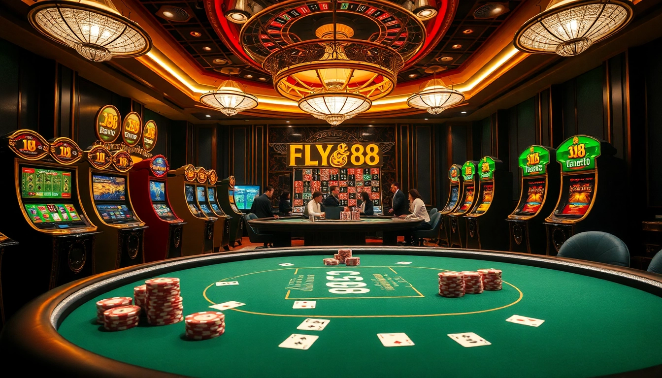 Experience the excitement of FLY88 at luxurious casino tables filled with poker chips and cards.