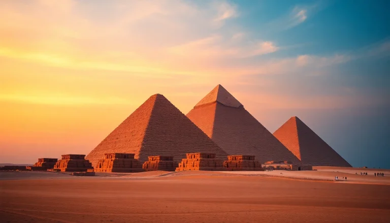 Piraminds illuminated by sunset glow, showcasing majestic ancient architecture.