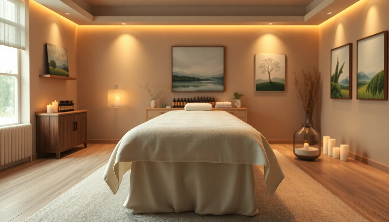 Serene massage therapy room designed for 서울출장마사지 with warm lighting and calming elements.
