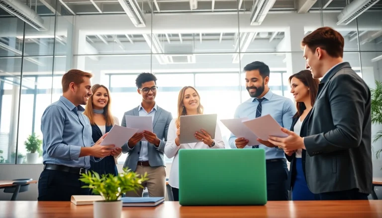 Engaging scene of sales recruiting services team collaborating effectively in a bright office.