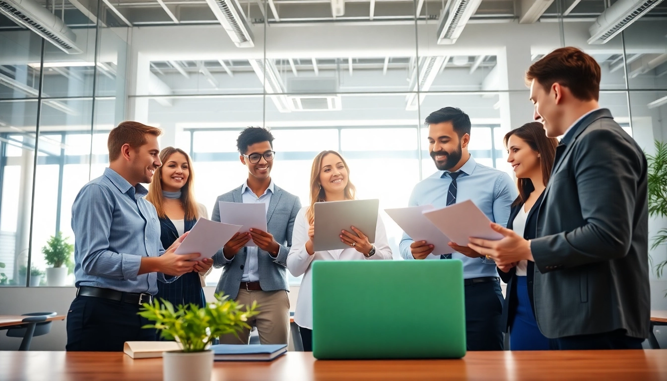 Engaging scene of sales recruiting services team collaborating effectively in a bright office.