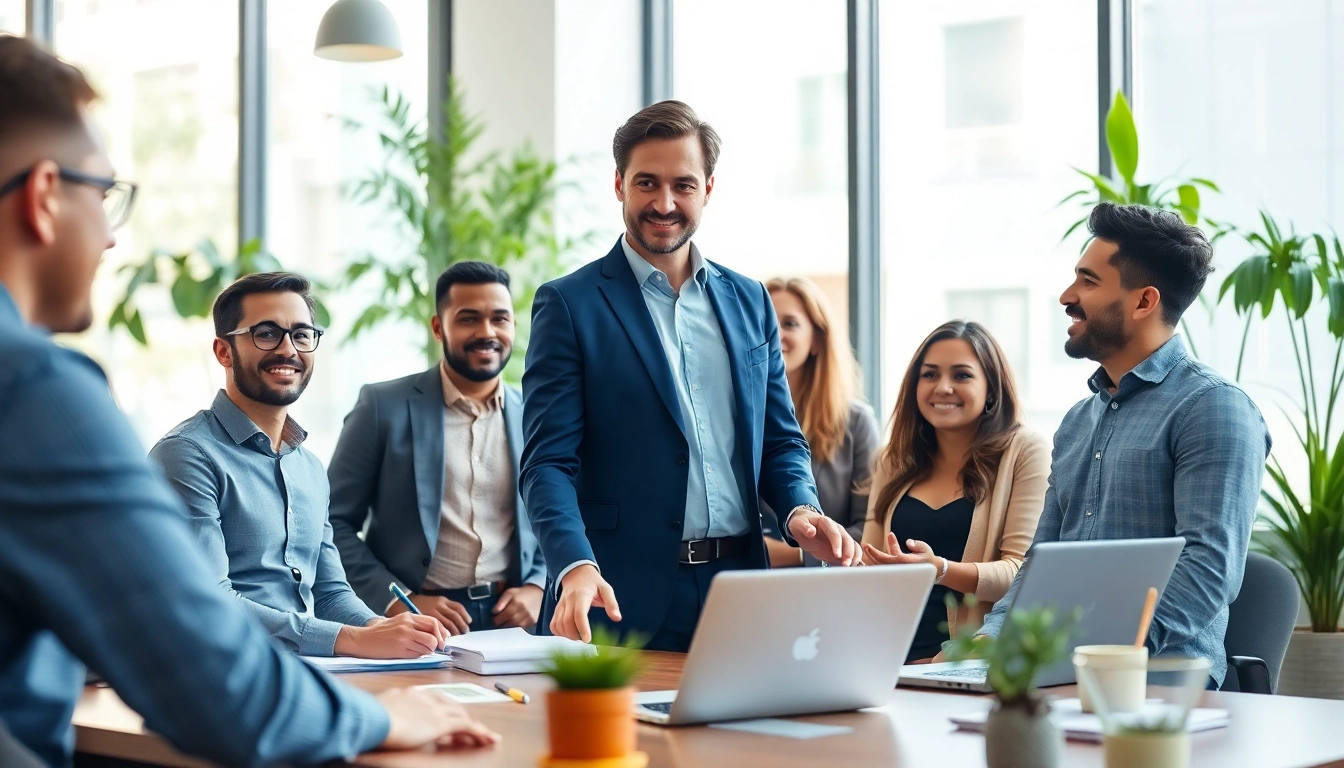 Engagement with business coach los Angeles encouraging teamwork in a vibrant office.