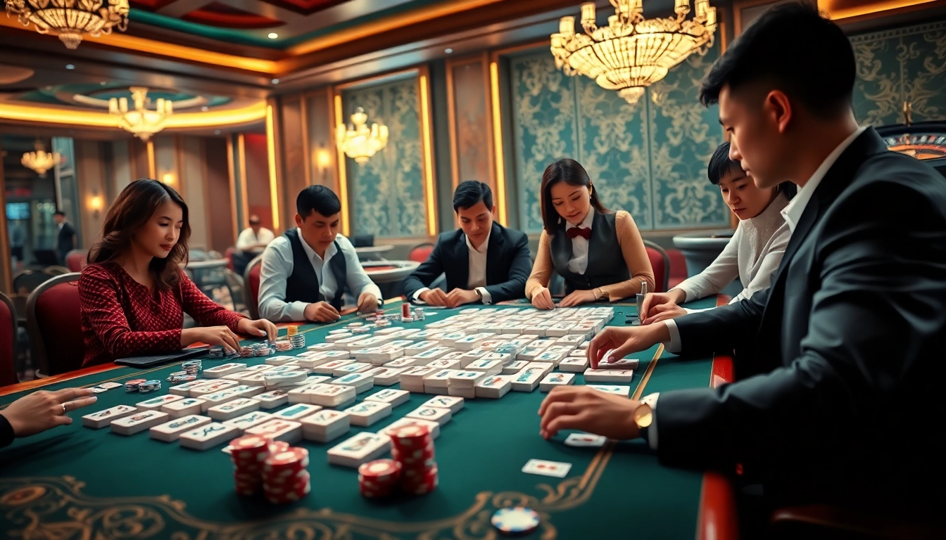 Berinteraksi dengan Link Mahjong di kasino mewah yang menampilkan ubin-ubin yang cantik dan pemain yang antusias.