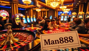 Exciting casino atmosphere with poker tables and roulette wheels highlighting Man88.