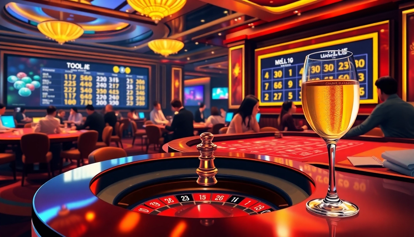 Experience the excitement of Tool xổ số siêu tốc in a luxurious casino setting with players at roulette.