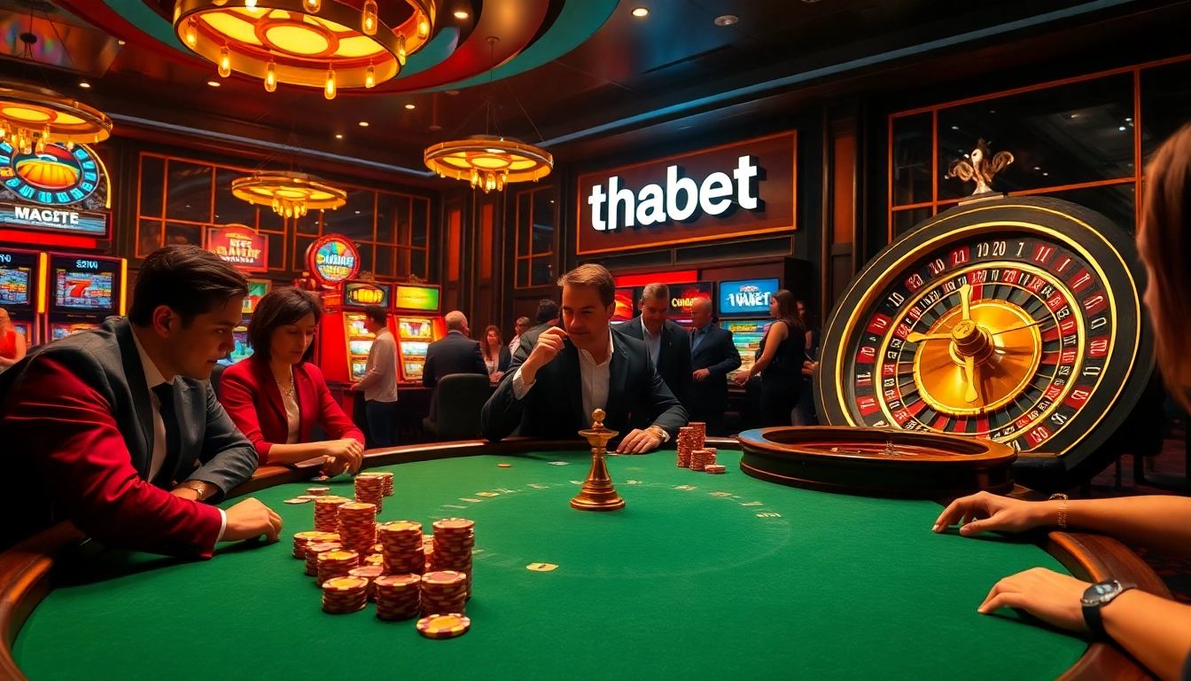 Thrilling poker game in a luxurious casino setting, showcasing thabet-themed chips and branding.