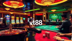 Engaging gamblers at VT88's luxurious casino tables with poker chips and roulette wheels.