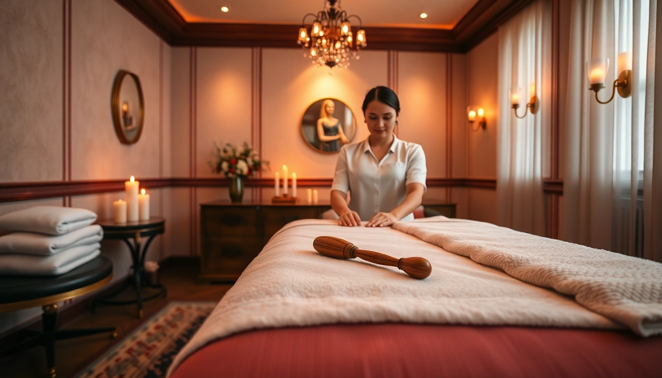 세련된 마사지룸에서 따뜻한 색조와 전통 도구를 사용하여 편안한 세션을 준비하는 전문 러시아 마사지 치료사.