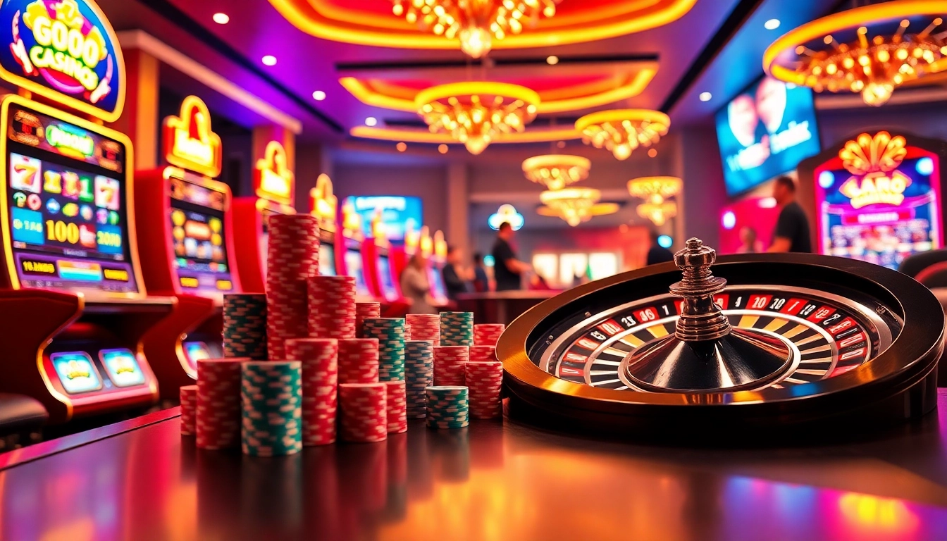 Joueurs gagnants au meilleur casino en ligne avec des jetons de poker empilés et des machines à sous lumineuses.