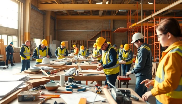 Engaged participants in construction craft training using tools and materials in a collaborative workshop.