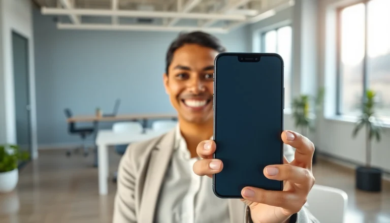 Sell phone for instant cash with a joyful person in a modern office.