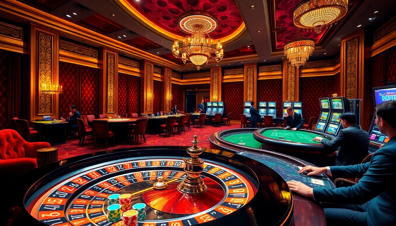 La scène vibrante du meilleur casino en ligne met en avant des joueurs aux tables de poker et aux machines à sous, soulignant le luxe et l'excitation.