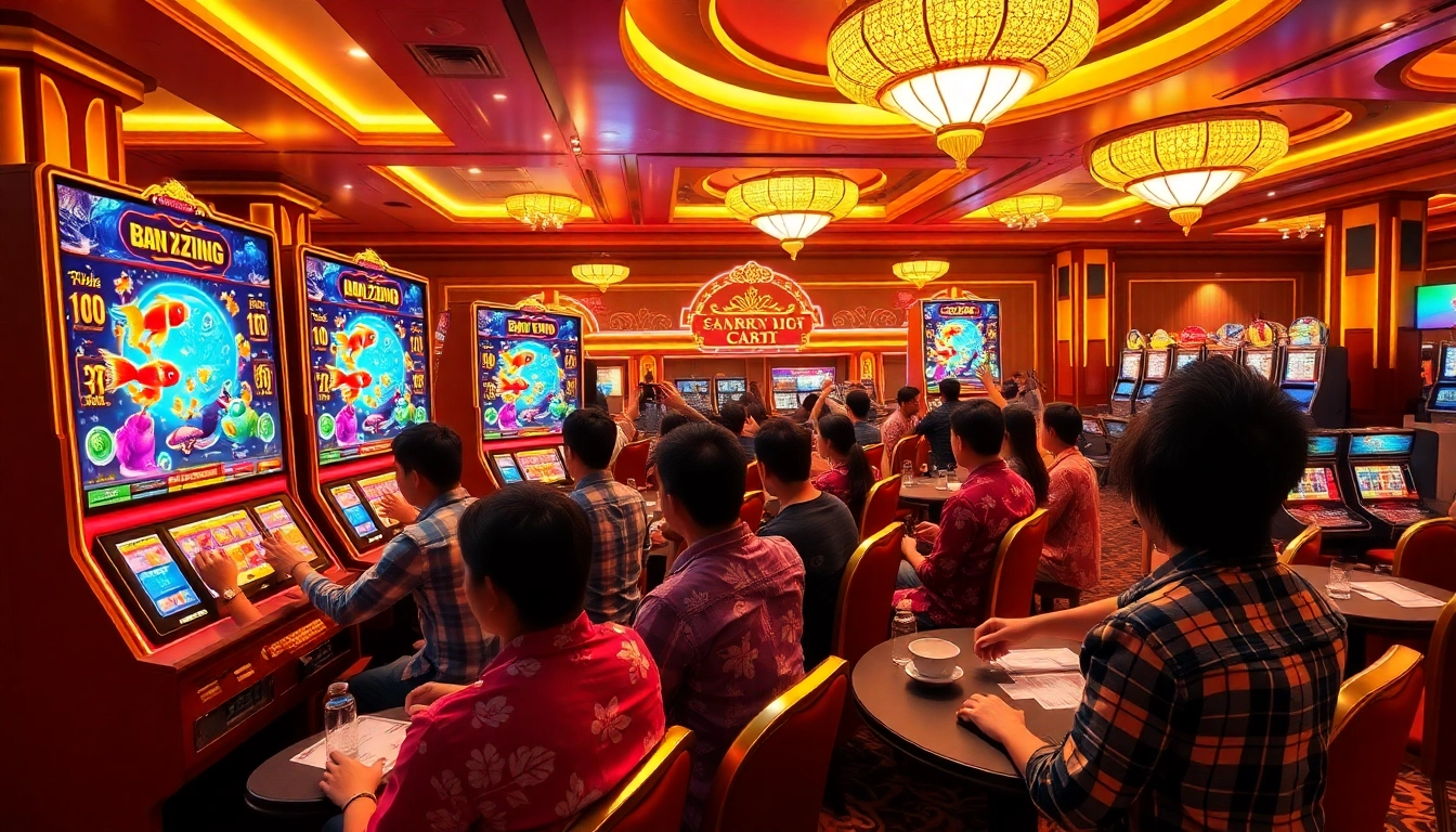 Bắn cá đổi thưởng action in a luxurious casino setting featuring engaged players and colorful animations.