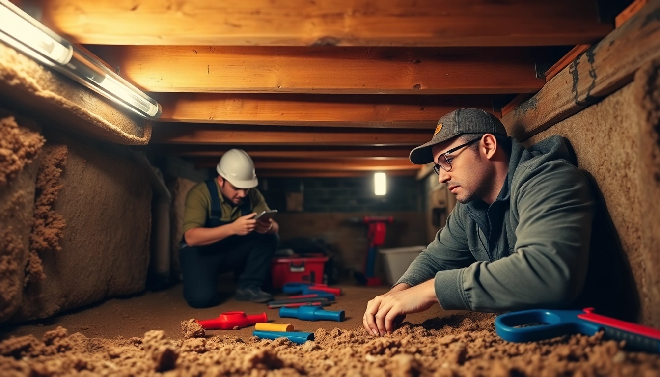 Crawl Space Restoration expert repairing insulation in a dimly lit space.