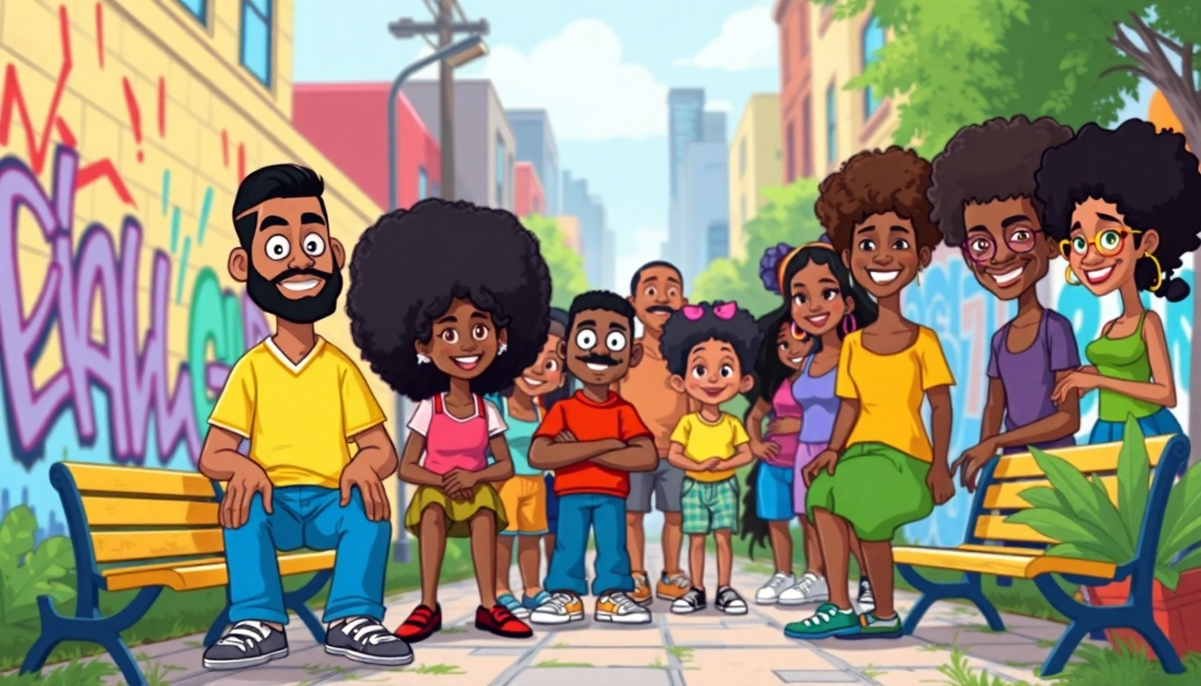 A collection of African American cartoons characters celebrating diversity and creativity in an urban setting.