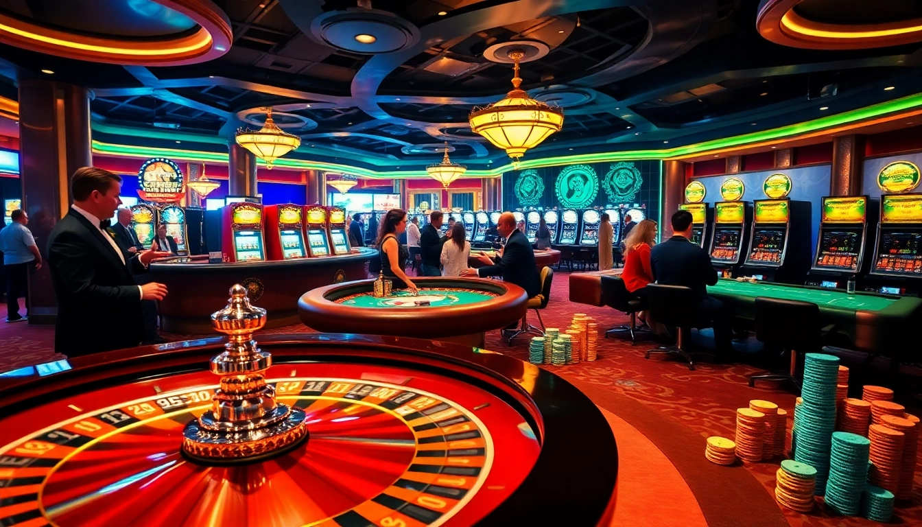 Scène passionnante de joueurs gagnant au meilleur casino en ligne avec des tables vibrantes et des machines à sous.