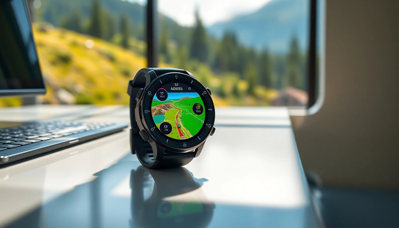 Showcasing the Explorer Plus GPS Smart Watch with vibrant features on a modern desk.