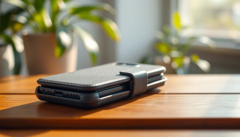 Abschließbare Handytasche mit sicherem Verschluss auf schöner Holzoberfläche präsentieren.