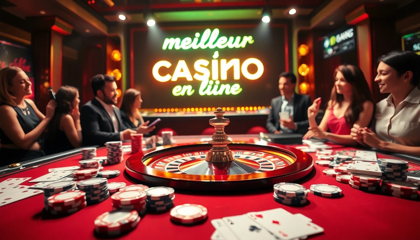 L'atmosphère vibrante d'un meilleur casino en ligne illustrée avec une table de roulette, des jetons de poker et des lumières néon scintillantes.