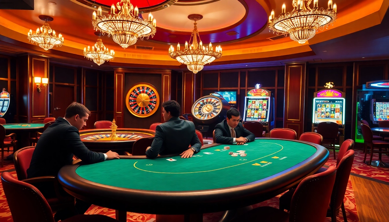 Des joueurs enthousiastes autour d'une table à enjeux élevés dans l'environnement du meilleur casino en ligne avec une décoration vibrante.