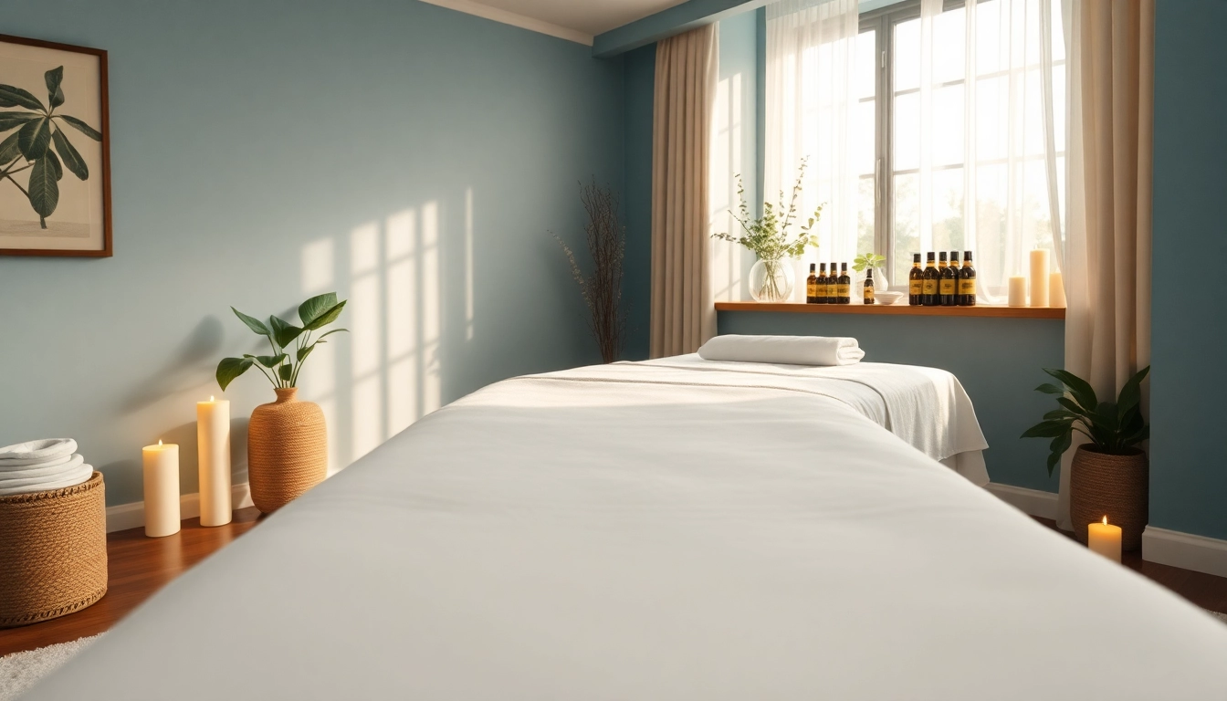 편안한 분위기와 매력적인 장식이 있는 스웨디시 마사지 룸.