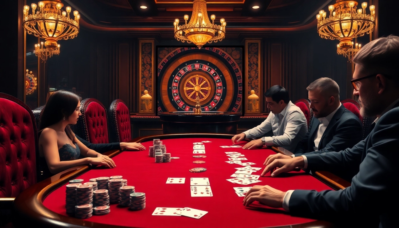 Des joueurs profitent d'un passionnant jeu de poker mettant en valeur le meilleur casino en ligne avec des jetons et des cartes vibrants.