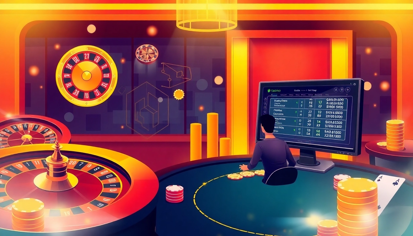 Engaging scene showcasing sbobet link alternatif with lively casino elements and online gambling interface.