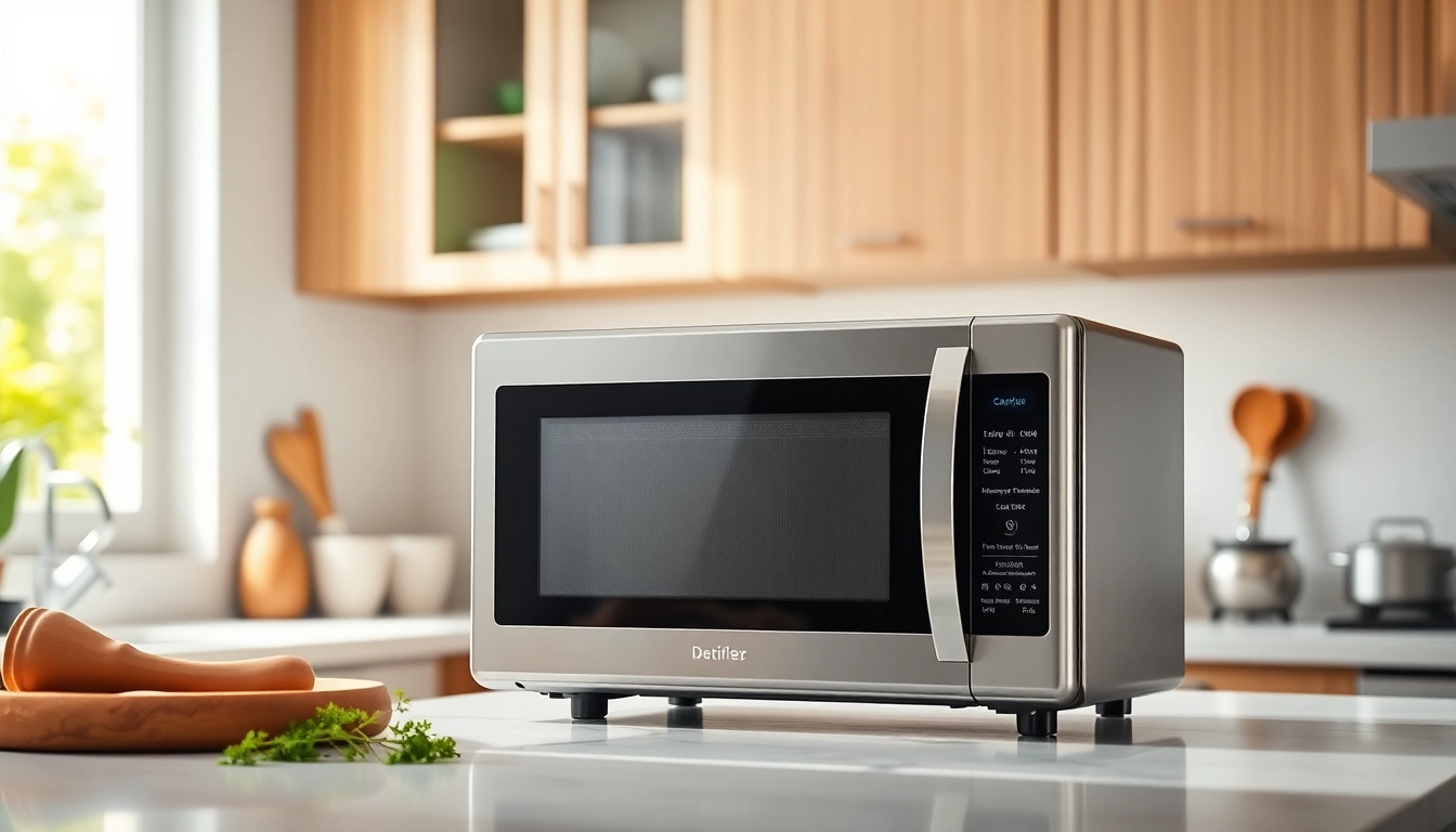Microwave Oven on a stylish countertop in a modern kitchen with bright lighting.