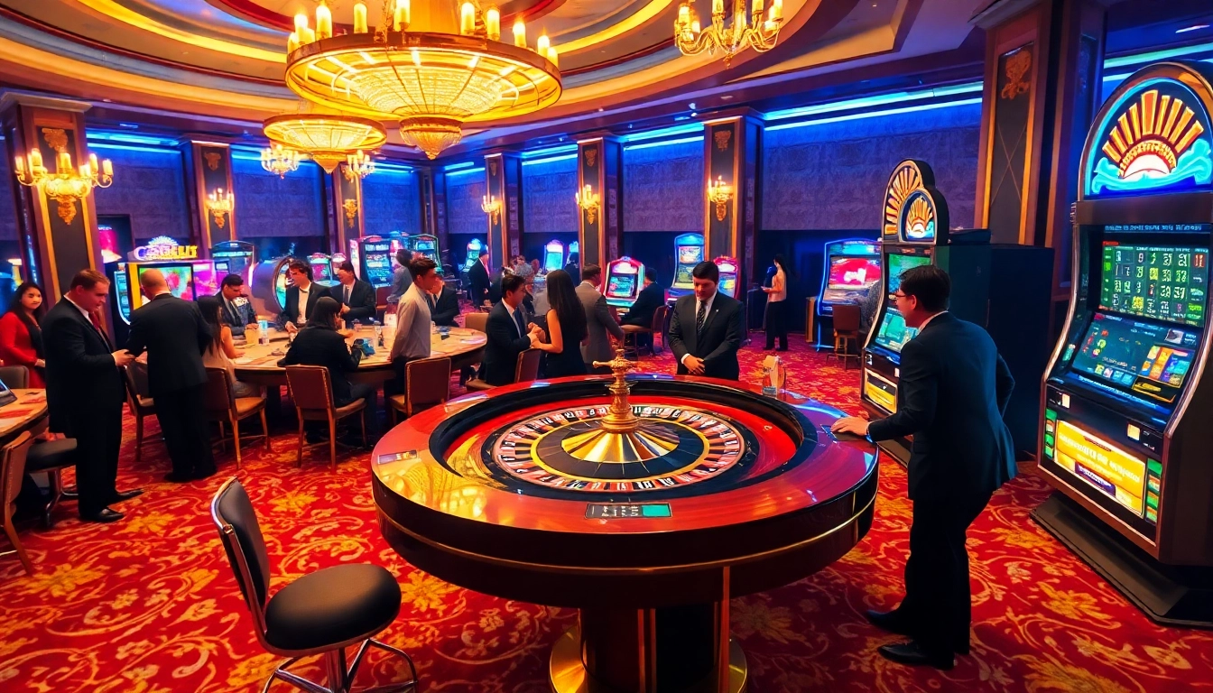 Visualisez l'excitation du meilleur casino en ligne avec roulette, joueurs et décor somptueux.