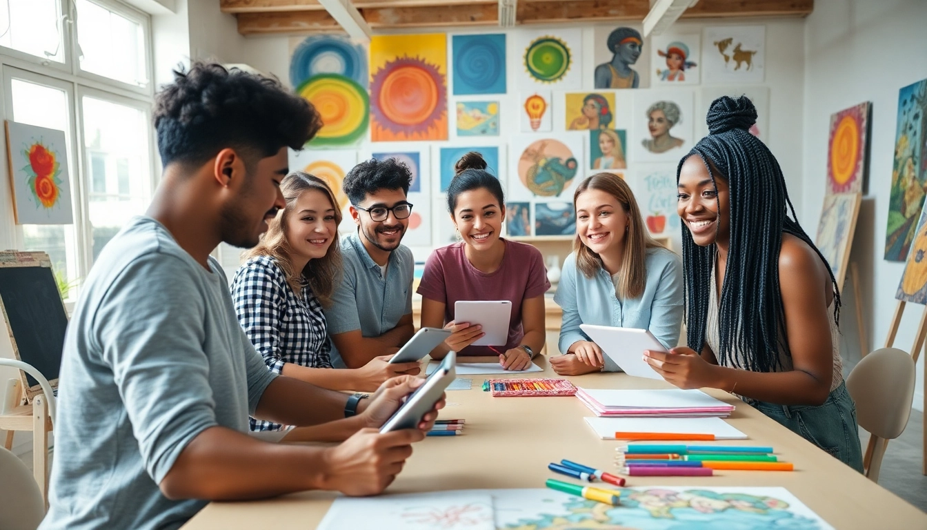 Group of artists collaborating creatively using image to prompt ai tools in a bright studio.