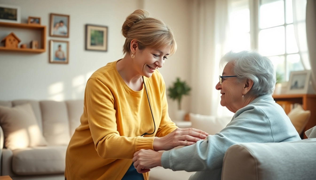 Engaging scene of at home senior care, depicting a caregiver aiding an elderly person in a comfortable living room.