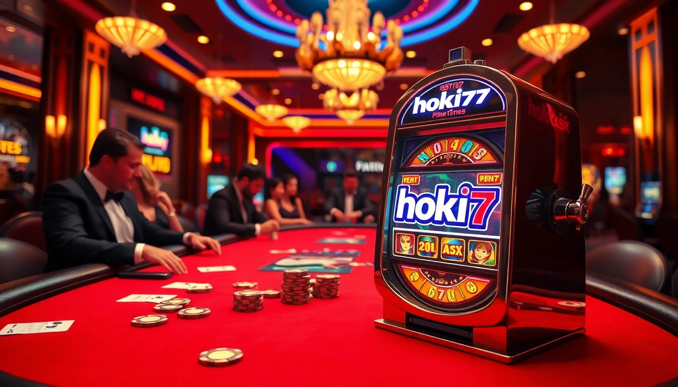 Players enjoying a thrilling game at hoki77 casino with vibrant slot machines and poker tables.
