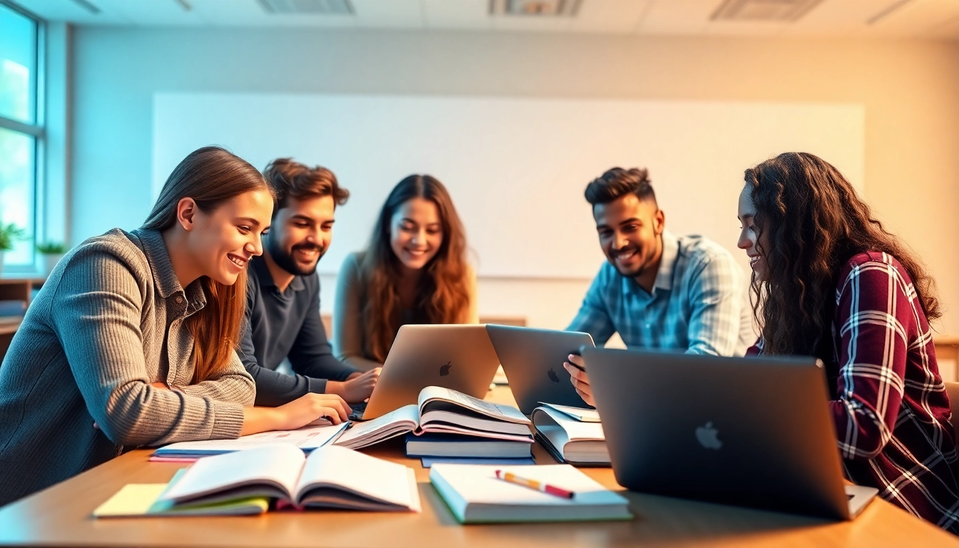 Engaged students collaborating on exam assistance services in a modern study environment.