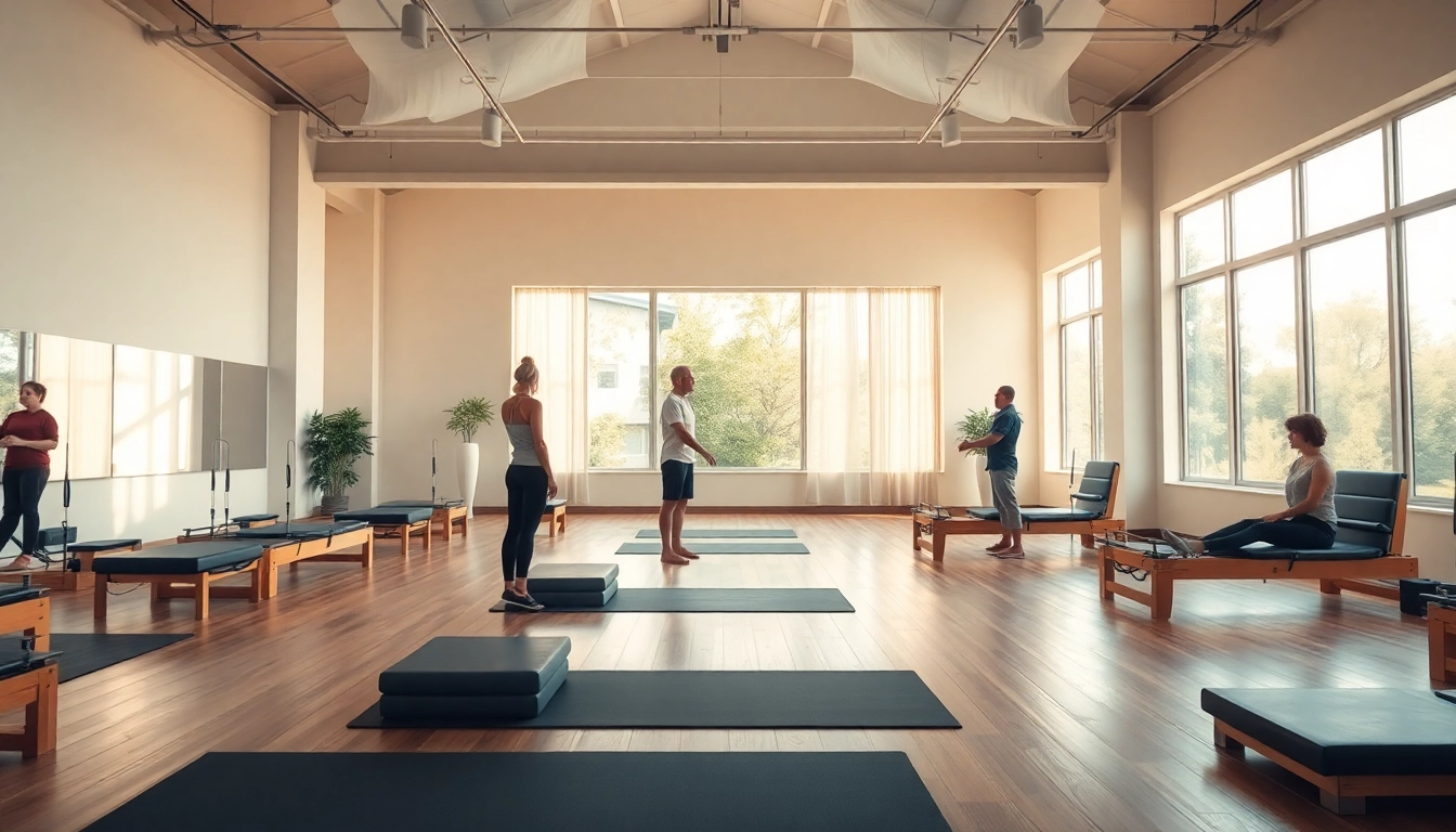 ピラティス おすすめ スタジオ風景、リフォーマーで練習する多様な参加者を描き、ウェルネスを促進。