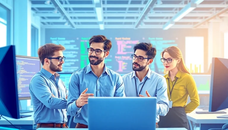 Engaged team discussing a test automation tool in a vibrant tech office.