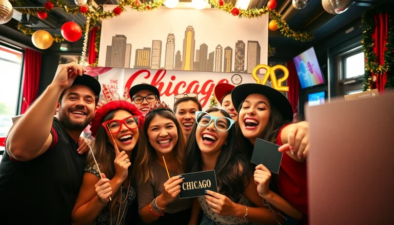 Enjoying a lively photo booth Chicago experience with friends and fun props.