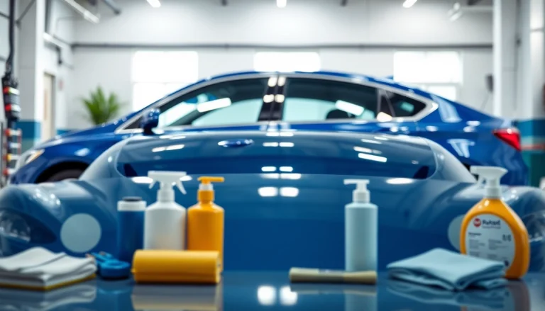 Interior and exterior car detailing setup highlighting a gleaming car and detailing tools in a professional garage.