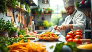 Discover engaging dish facts while a chef prepares vibrant ingredients in a bright kitchen.