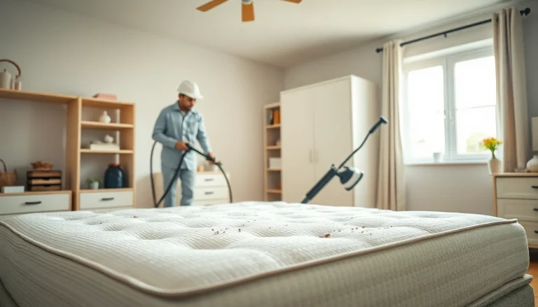 Pest control technician demonstrating effective bed bug control techniques in a clean bedroom.